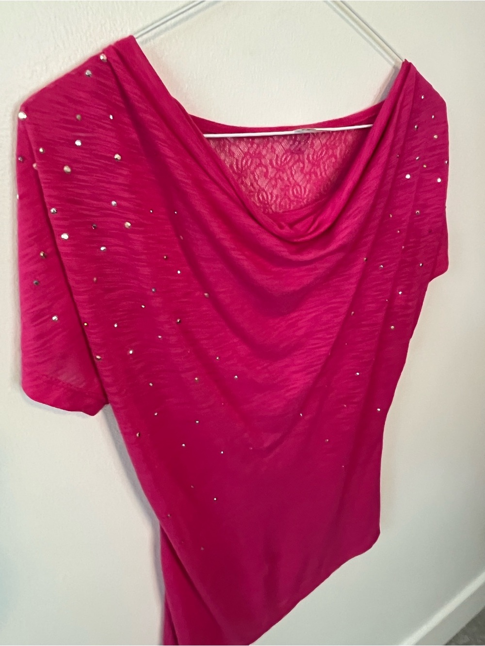 Women's Y2K McBling Hot Pink Embellished Drape Neck Top - Medium